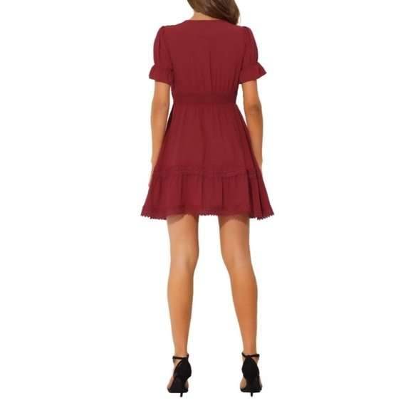 NWT Allegra K V-Neck Smocked Elastic Waist Boho Crochet Lace Trim Mini Dress - Picture 4 of 10